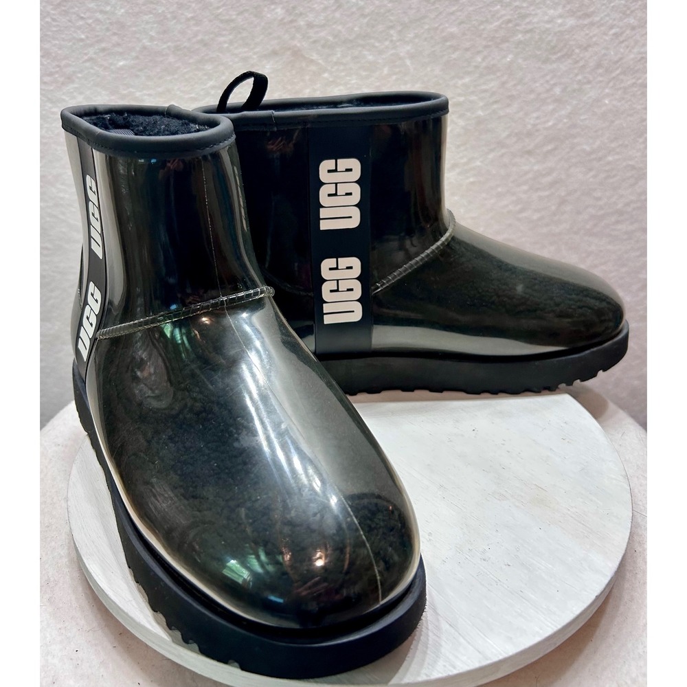 UGG Classic Clear Mini Black Waterproof Faux Shearling Boots 1113190 Womens 9